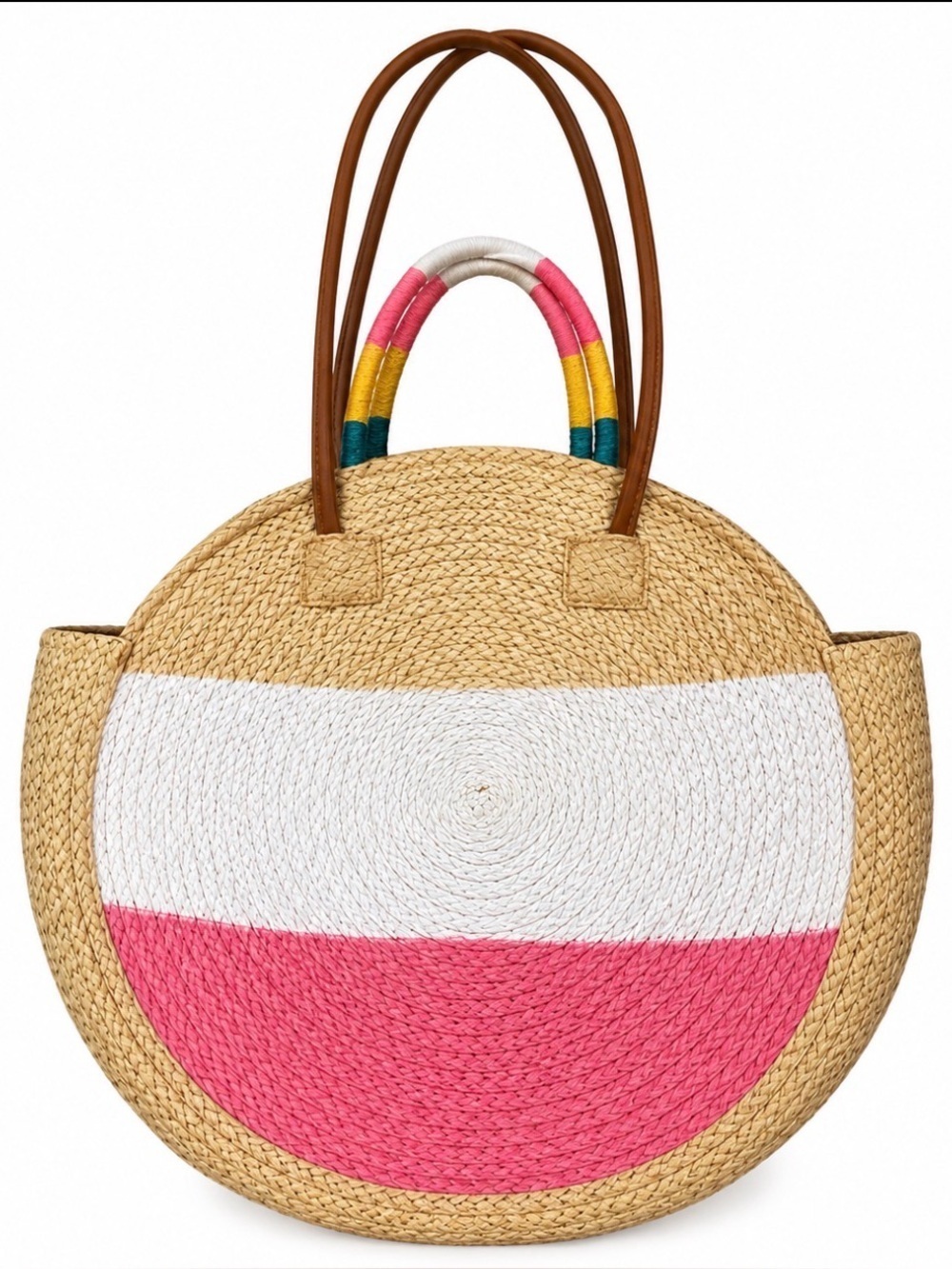 Women's Striped Straw Circle Tote Bag with Inner Slip Pocket Coral Multi color